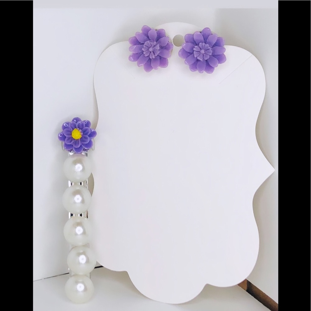 Matching Purple Flower Earring & Hair Barrette Set